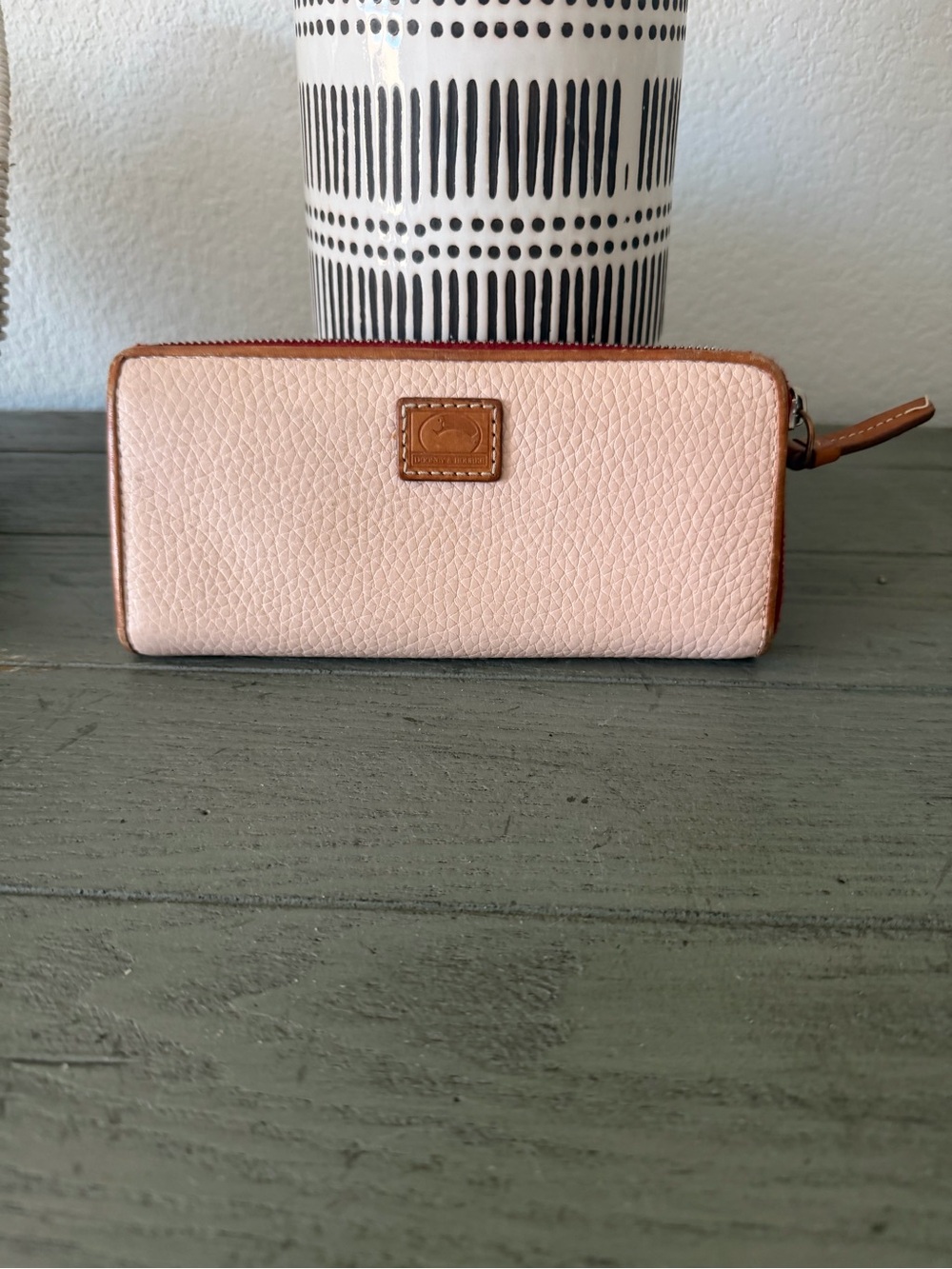 Dooney & Bourke Blush Pink Pebbled Zip Wallet with Tan Trim